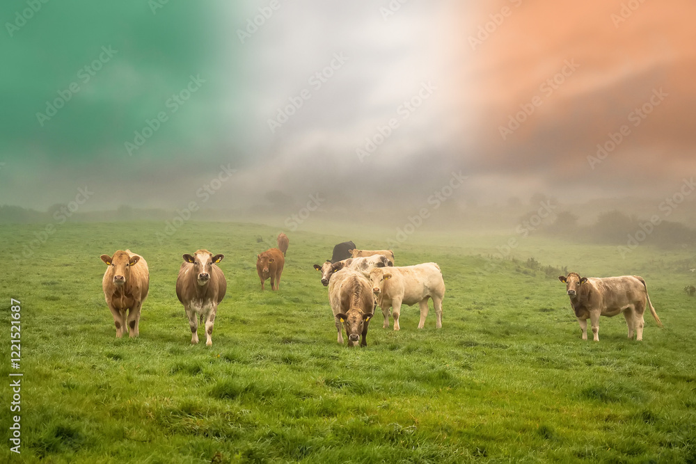 Obraz premium Green meadow with fresh grass. Herd of cows grazing grass. Haze in the background and cloudy sky with Irish flag colors, Selective focus. Agriculture background. West of Ireland