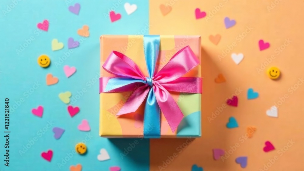 Mardi Gras background with A colorful box with a pink ribbon and a bow on top of a table with a lot of heart stickers Mardi Gras background with A colorful box with a pink ribbon and a bow on top of a table with a lot of heart stickers