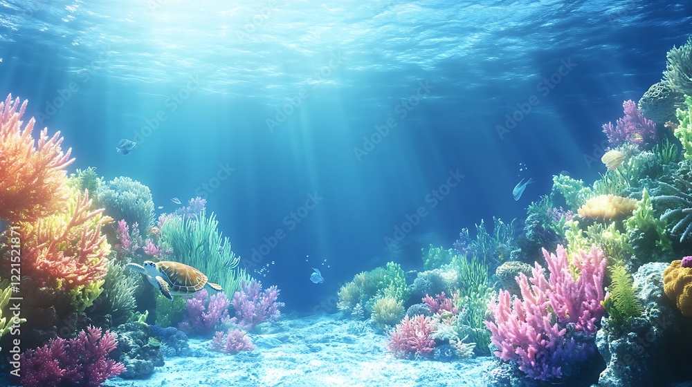 Naklejka premium Colorful coral reef vivid painting underwater tropical marine sunlight surface beauty