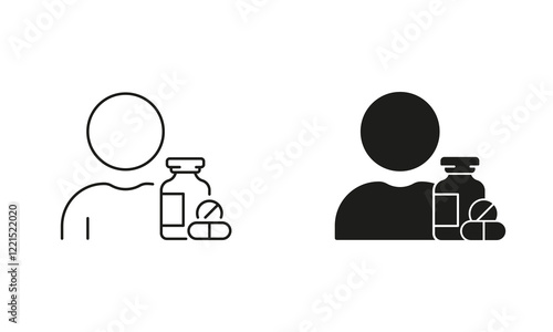 Person with Drug Medication Symbol. Pharmacy Pills Line and Silhouette Icon Set. Medicine Treatment Pictogram. Editable Stroke. Isolated Vector Illustration