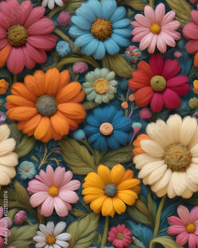 Wallpaper Mural 花のイラスト, 壁の装飾, スタイライズされたブーケ, 繰り返しデザイン, グラフィックオーナメント, 明るい花, 色彩の調和, エレガントな装飾, 自然をテーマにした, 無限パターン. Torontodigital.ca