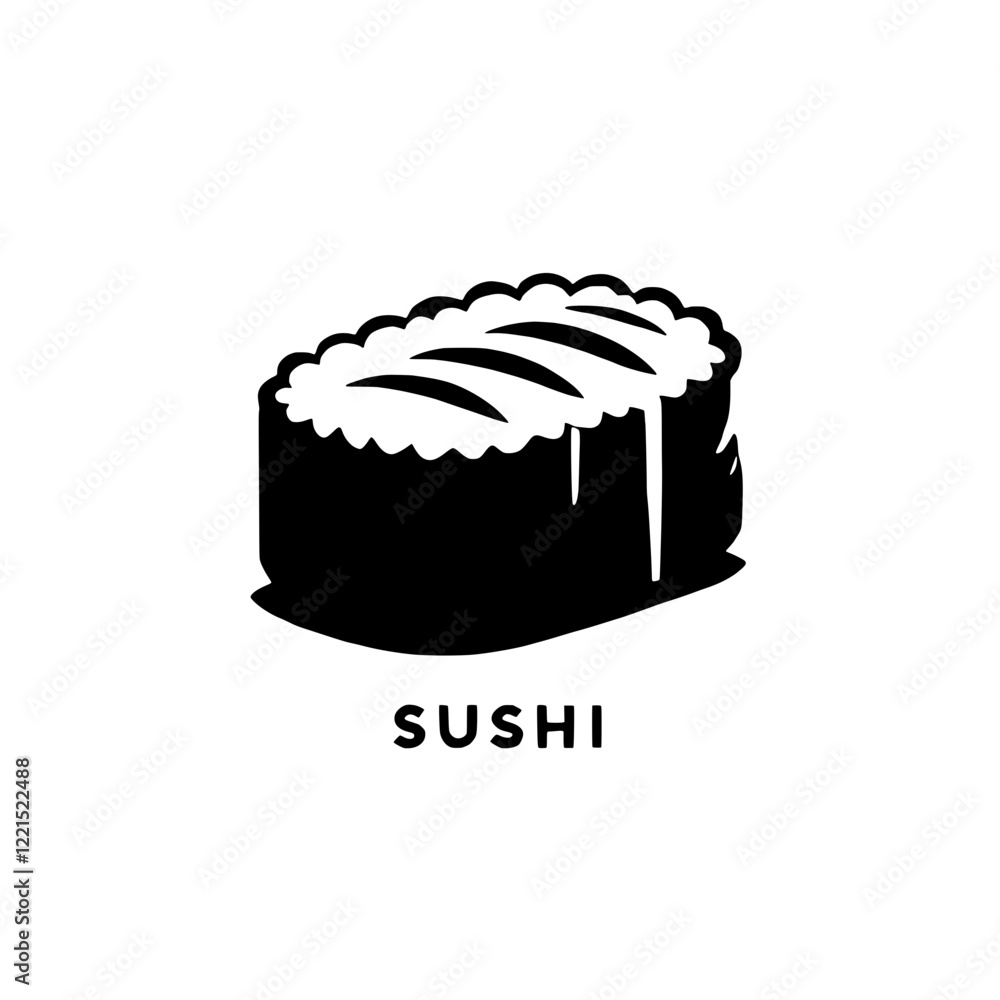 Sushi Icon: Simple, bold black and white illustration of a single piece of sushi, ideal for menus, restaurant branding, or culinary-themed designs. Sushi Icon: Simple, bold black and white illustration of a single piece of sushi, ideal for menus, restaurant branding, or culinary-themed designs.