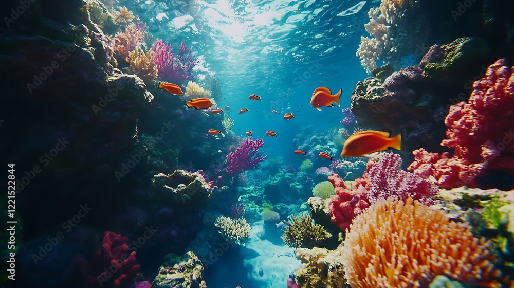 Fototapeta premium Coral reef painting colorful vibrant tropical marine life underwater sunlight paradise