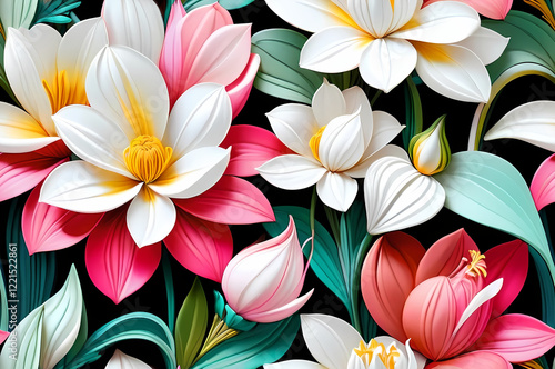 Wallpaper Mural 穏やかな色合い, 花柄テーマ, 花のイラスト, 壁の装飾, スタイライズされたブーケ, 繰り返しデザイン, グラフィックオーナメント, 明るい花, 色彩の調和, エレガントな装飾, 自然をテーマにした, 無限パターン. Torontodigital.ca