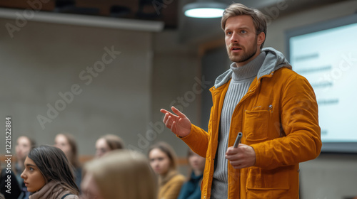 A mental health advocate delivering an inspiring talk on stress management and emotional resilience techniques to an engaged audience in a modern spacious hall