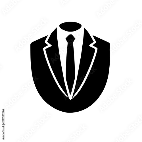 Sleek Suit Icon: A minimalist, black-on-white illustration of a suit and tie, symbolizing professionalism, elegance, and corporate identity.  The design is clean and modern.