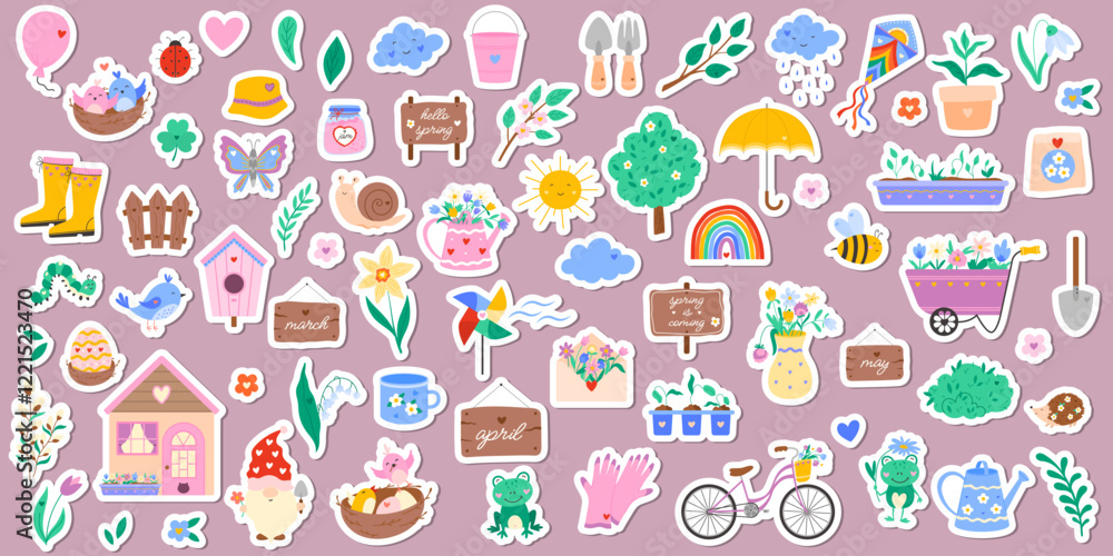 Cute spring stickers set with flower, bird, insect, weather icons, garden tools, seedlings, heart, bicycle, cloud. Vector illustration for sticker kit, scrapbooking, greeting card, poster, tag Cute spring stickers set with flower, bird, insect, weather icons, garden tools, seedlings, heart, bicycle, cloud. Vector illustration for sticker kit, scrapbooking, greeting card, poster, tag