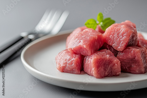 Fresh raw meat cubes displayed on a white plate with green mint leaves, ready for cooking or marinating photo