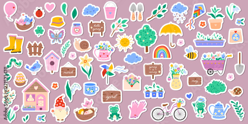 Cute spring stickers set with flower, bird, insect, weather icons, garden tools, seedlings, heart, bicycle, cloud. Vector illustration for sticker kit, scrapbooking, greeting card, poster, tag