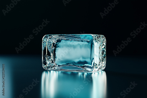 Clear ice block resting on a smooth surface, reflecting light in a dark setting