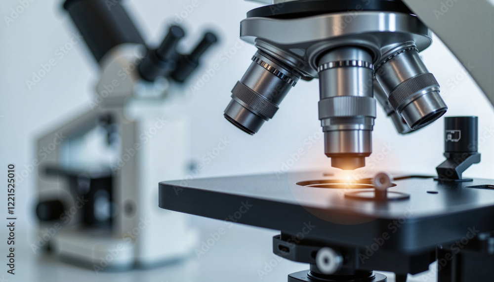 Microscope showcasing optics with focused light in laboratory, innovation Microscope showcasing optics with focused light in laboratory, innovation