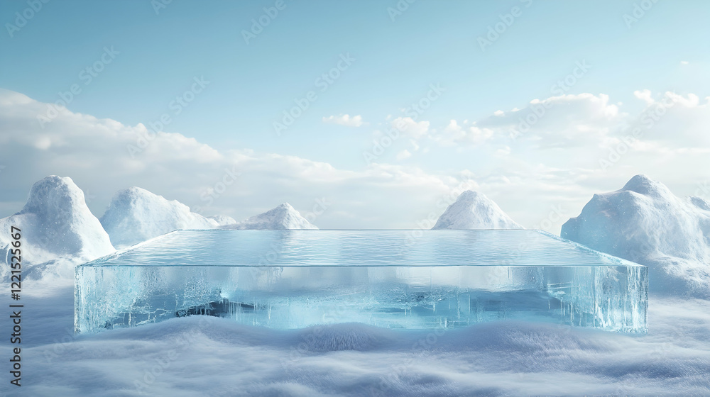 Transparent glass podium on ice and snow background, 3D rendering of a product display stand Transparent glass podium on ice and snow background, 3D rendering of a product display stand