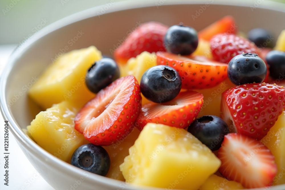 Vibrant fruit salad with pineapple, strawberries, and blueberries in natural light