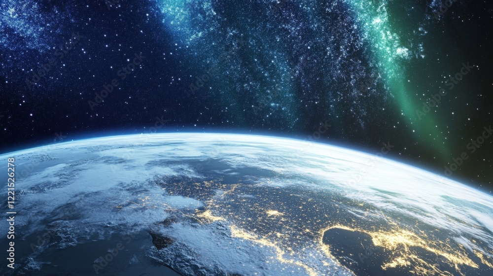Fototapeta premium A beautiful view of the Earth from space, with the planet glowing in the night sky. The stars are scattered throughout the sky, creating a sense of wonder and awe
