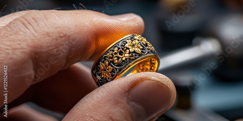 A jewelry artisan crafting an intricate gold ring, surrounded by tools and gemstones in a creative workspace photo