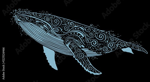 Ornate blue whale illustration.  Decorative patterned design.  Artistic ocean creature. photo