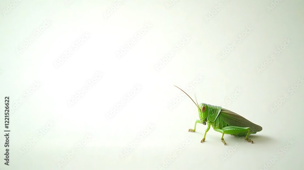 A slender green grasshopper rests peacefully on a clean white background A slender green grasshopper rests peacefully on a clean white background