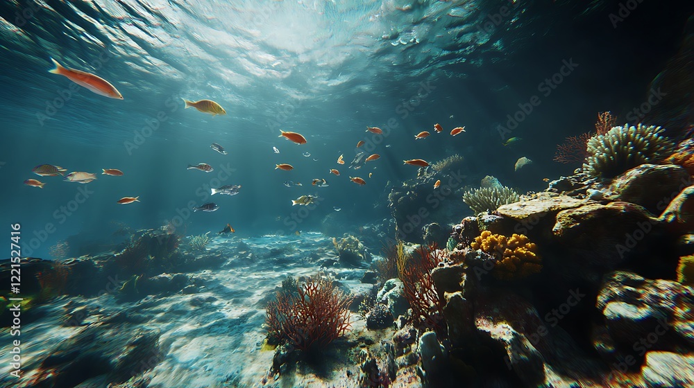 Fototapeta premium Underwater wallpaper image with sunlight beaming through clear ocean water