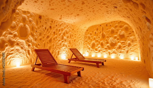 Tranquil salt therapy room with wooden chairs, healing ambiance photo