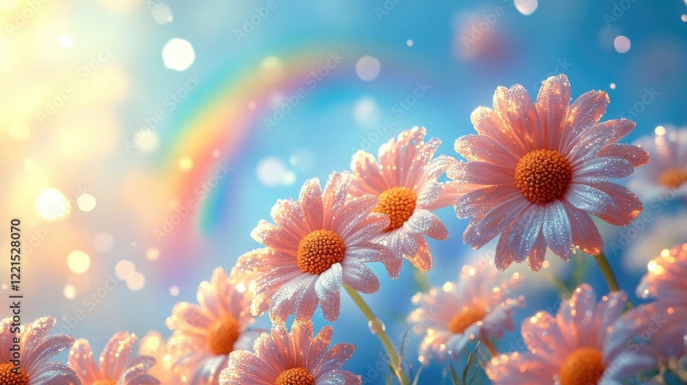 A colorful field with vibrant flowers and a bright rainbow in the background, perfect for illustrations or decorative purposes A colorful field with vibrant flowers and a bright rainbow in the background, perfect for illustrations or decorative purposes