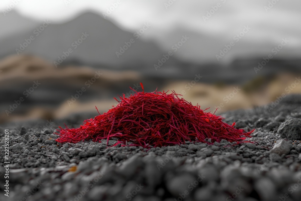 A vibrant red pile of saffron threads rests on a bed of gray rocks against a blurred mountain backdrop. A vibrant red pile of saffron threads rests on a bed of gray rocks against a blurred mountain backdrop.