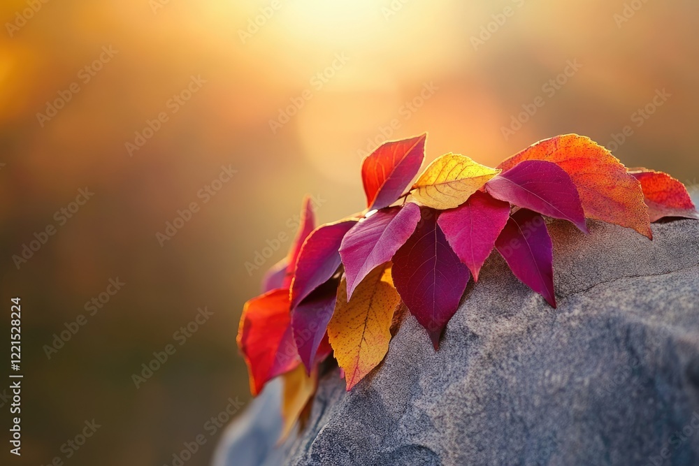 Vibrant autumn leaves in red, orange, and yellow hues rest on a gray stone, bathed in warm sunset light. Vibrant autumn leaves in red, orange, and yellow hues rest on a gray stone, bathed in warm sunset light.