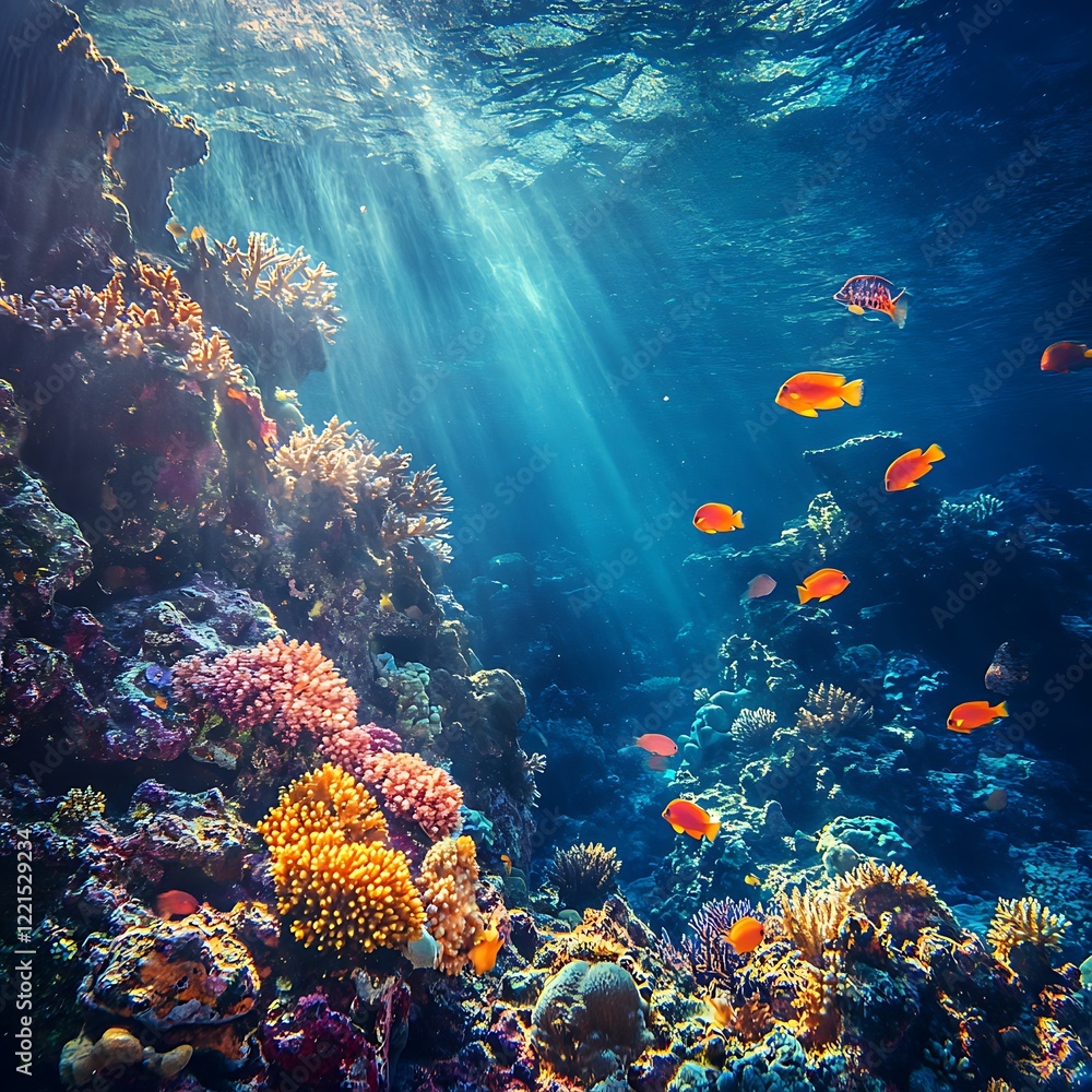 Naklejka premium Vibrant coral reef painting tropical underwater colorful vibrant marine ecosystem beauty