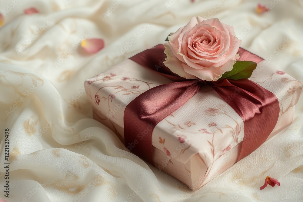 Stylish Valentine box with pink rose, red ribbon, and golden accents Stylish Valentine box with pink rose, red ribbon, and golden accents