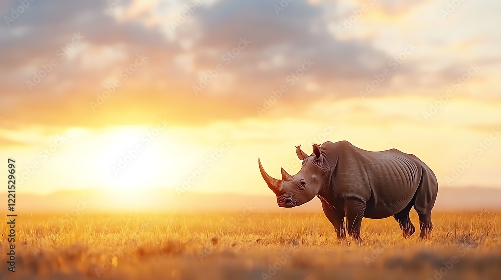 Fototapeta premium A majestic rhinoceros stands proudly in the golden glow of a sunset, showcasing its powerful presence in the serene savanna landscape, symbolizing wildlife's grandeur and beauty.