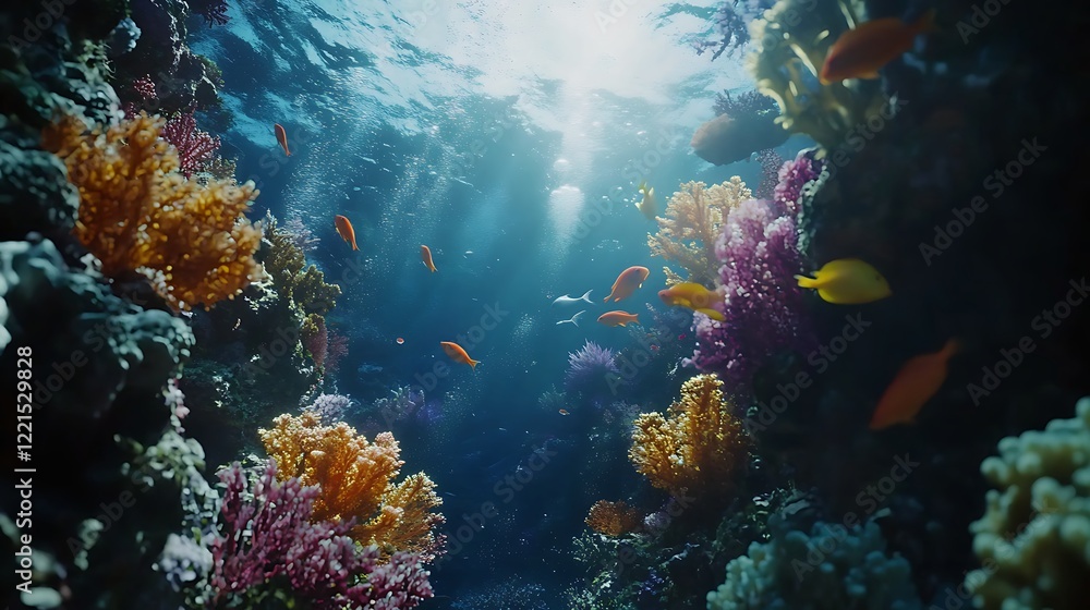 Fototapeta premium Vibrant coral reef painting underwater tropical colorful marine life vivid sunlight