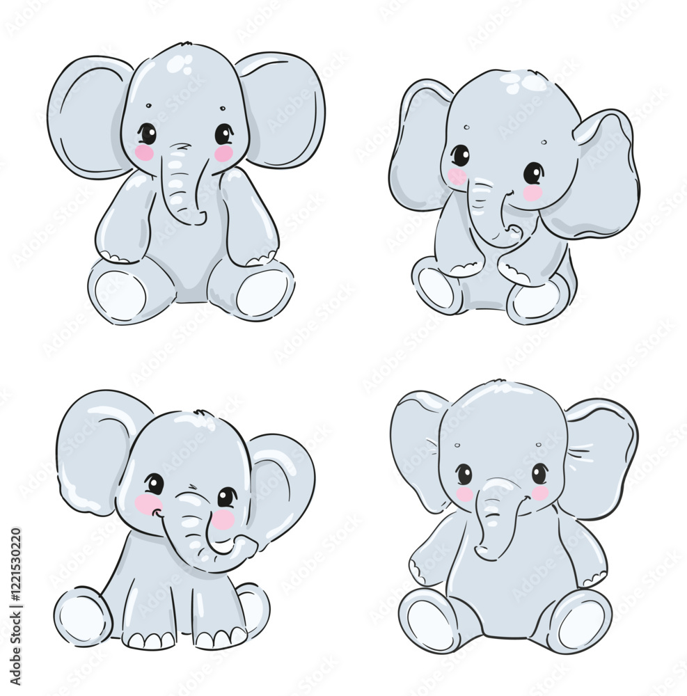 Obraz premium Hand Drawn a set of cute elephants isolated on a white background, vector illustration