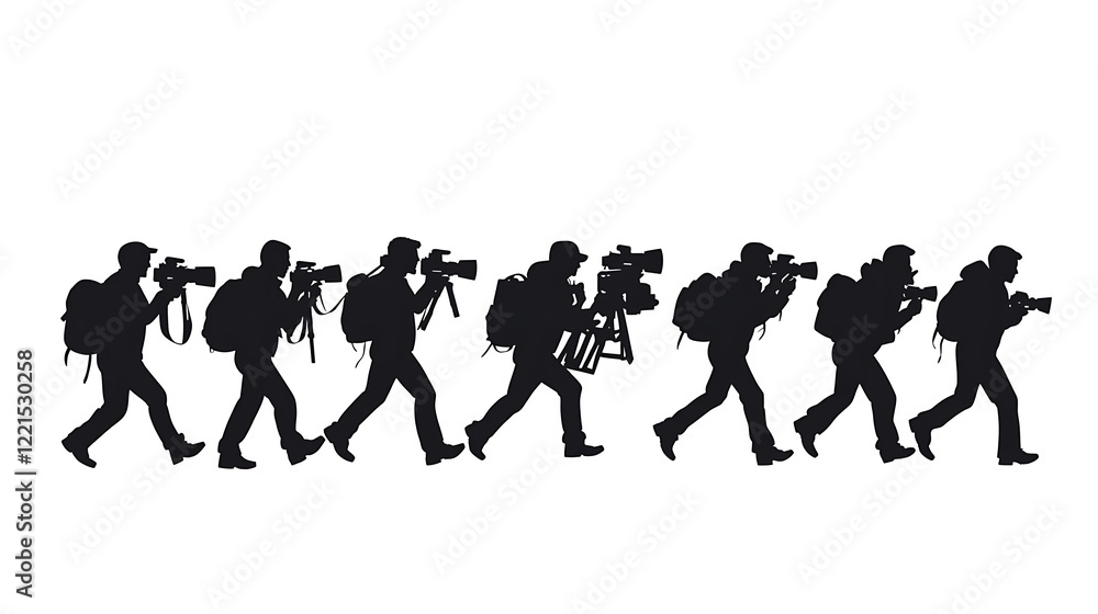 A simple white background frames a group of journalists' silhouettes standing together, representing media integrity and teamwork. A simple white background frames a group of journalists' silhouettes standing together, representing media integrity and teamwork.