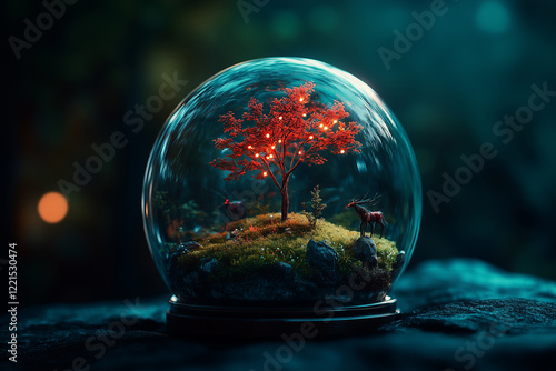 Wallpaper Mural Miniature landscape in a glass dome featuring a vibrant red tree and illuminated forest creatures Torontodigital.ca