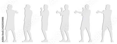 0Vector concept conceptual gray paper cut silhouette of a man doing physical exercise from different perspectives isolated on white background. A metaphor for active, sport, health, self-care, wellnes