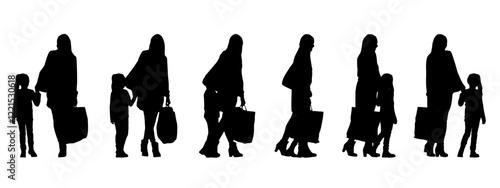 Vector concept conceptual black silhouette of a mother and a little girl from different  perspectives isolated on white background. A metaphor for family, love, time together, leisure and shopping