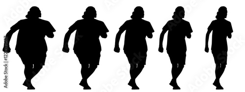 Conceptual fat overweight obese man vs slim fit healthy body after weight loss or diet, white background banner. A  fitness, nutrition or obesity, health care shape illustration vector as silhouettes