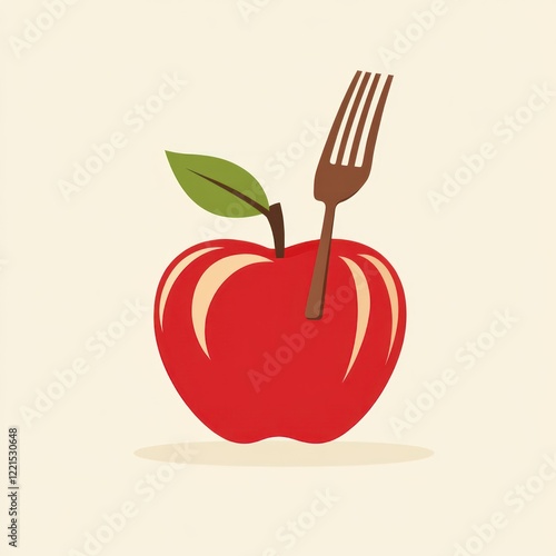 Red apple with fork, simple food icon, healthy eating graphic design, suitable for educational or culinary materials photo