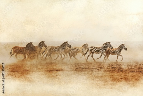A herd of zebras runs across a dusty African savanna, kicking up sand in their wake.