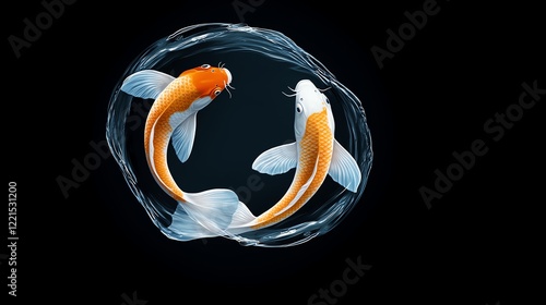 Two vibrant koi fish gracefully swim in a flowing circle of water, creating a stunning visual contrast against a black background, representing beauty and tranquility in aquatic li photo