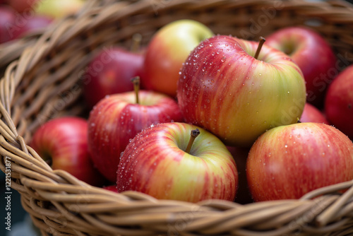 Basket of fresh apples glistening with morning dew
