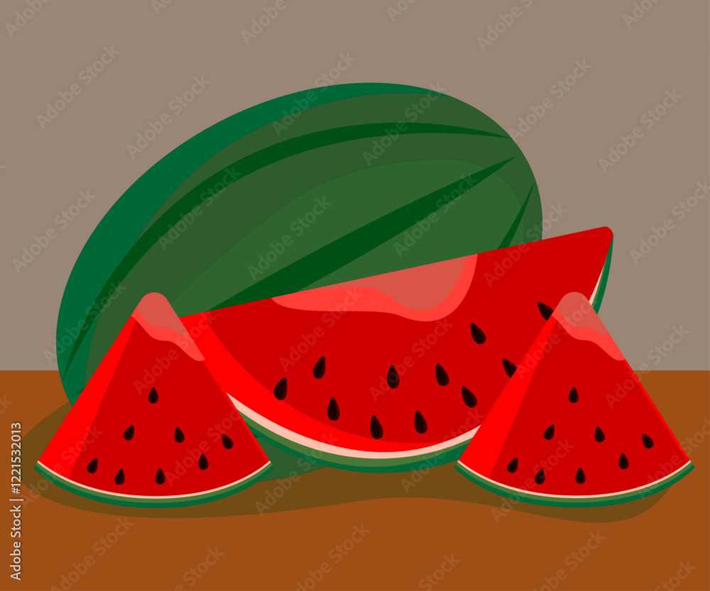 Drawing of watermelon and sliced slices. Vector drawing. Drawing of watermelon and sliced slices. Vector drawing.