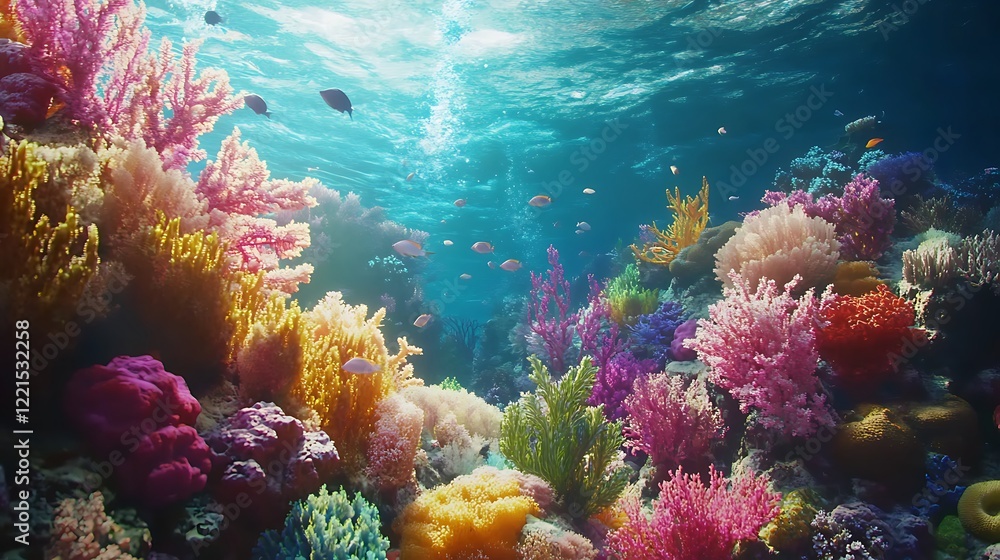 Fototapeta premium Vivid coral reef painting tropical underwater marine life colorful vibrant sunlight