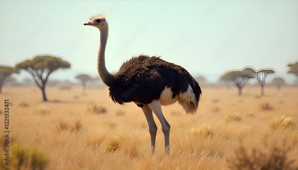 Naklejka premium Majestic Ostrich Standing in Natural Savanna Grassland Setting