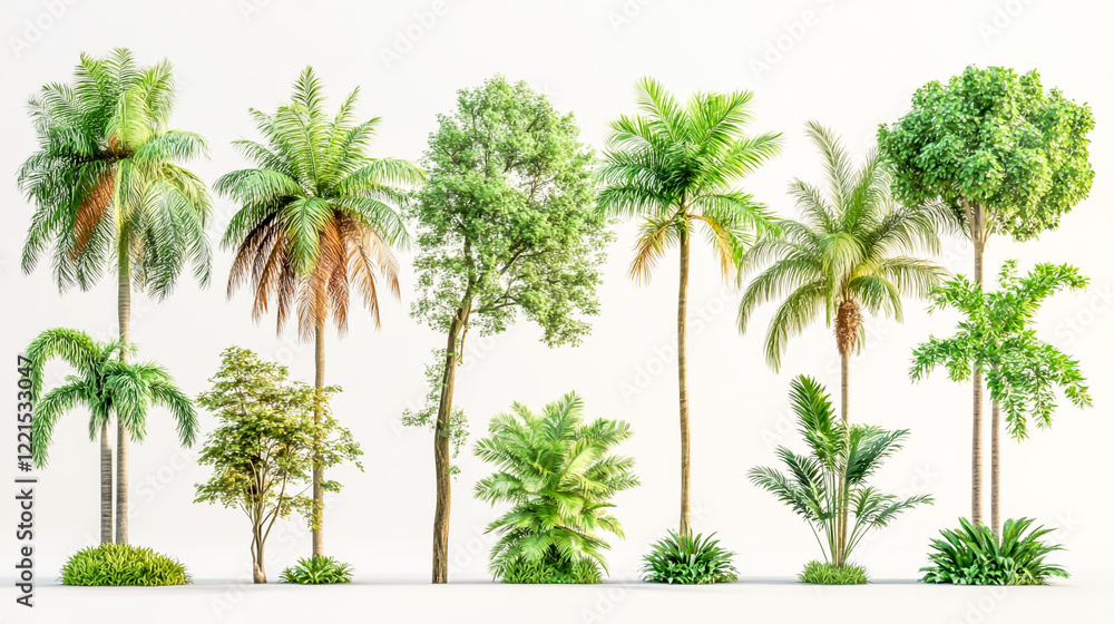 Obraz premium set of jungle rainforest tree shapes cutout, detailed tropical foliage, realistic greenery, nature-inspired design, vibrant trees, and lush vegetation