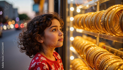 Young girl admiring gold bangles in evening glow, wonder and desire photo