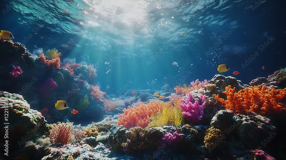 Naklejka premium Vivid coral reef painting vibrant underwater marine life colorful tropical sunlight