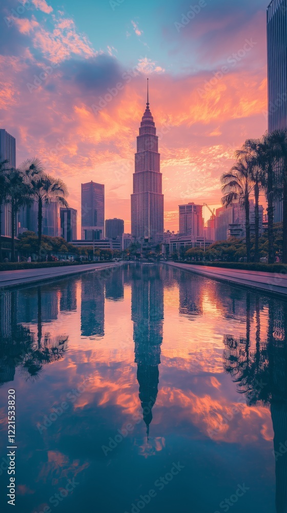 Obraz premium Stunning heritage architecture at sunset with reflective water in urban landscape
