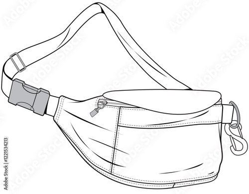 fanny pack flat sketch vector illustration plain bum bag design technical cad drawing template	
