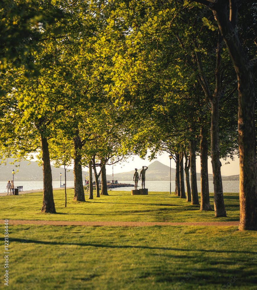 Lovely promenade of trees at Fonyód, lake Balaton