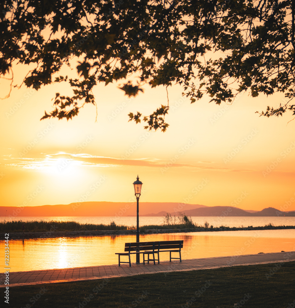Nice sunset over lake Balaton at Fonyód, Hungary